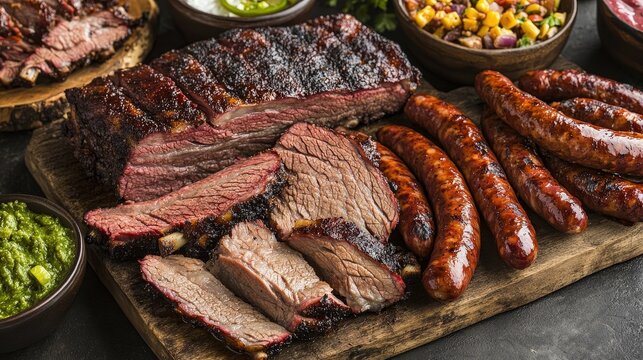 A wooden platter with sliced smoked brisket, sausages, ribs, and assorted side dishes, showcasing a classic barbecue meal.