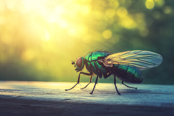 Green Fly on Wooden Surface in Golden Sunlight
