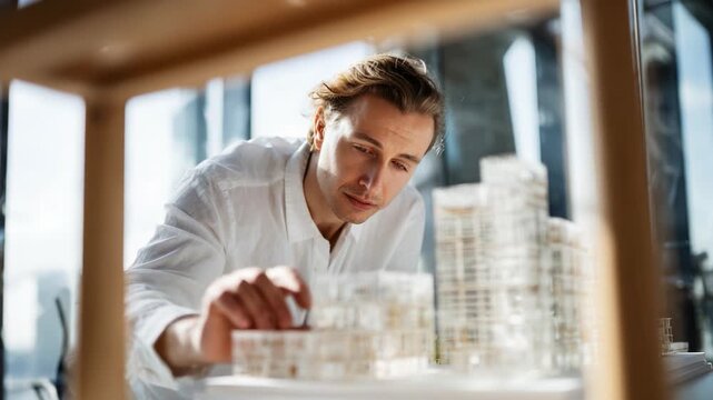 Focused Architect Examining Detailed Model of Modern Urban Development with Strong Lighting and Reflection in Contemporary Studio Environment