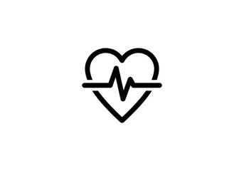 Vector Ilustration Minimalist Heartbeat Icon - Black Heart Outline with Central Electrocardiogram Waveform.