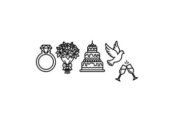 Vector Ilustration Minimalist black outline wedding icons - diamond ring, floral bouquet, tiered cake, dove, champagne.