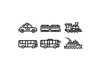 Vector Ilustration Minimalist black outline vector icons set of diverse transportation vehicles - taxi, train, buses, and ship.