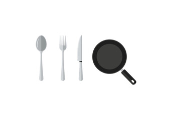 Vector Ilustration Minimalist flat icon set of kitchen utensils - spoon, fork, knife, and black frying pan.