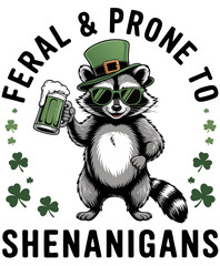 A stylized cartoon illustration of a raccoon wearing green sunglasses and a green St. Patrick's Day hat with a gold buckle. The raccoon is holding a stein of green beer with a foamy head © Erkan
