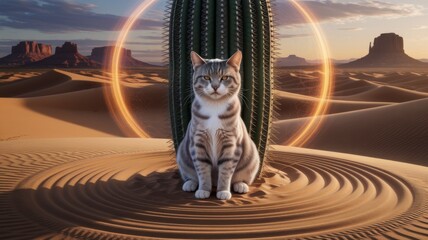 Zen Meditating Cat in Desert Sand Circle at Sunset