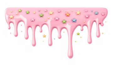 Pink dripping icing with colorful star sprinkles. Sweet dessert glaze flowing down, perfect for cakes and pastries