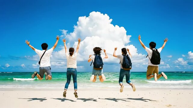 真っ青な空と大きな入道雲が広がるビーチで、海に向かって一斉にジャンプする5人の若者たちの後ろ姿
