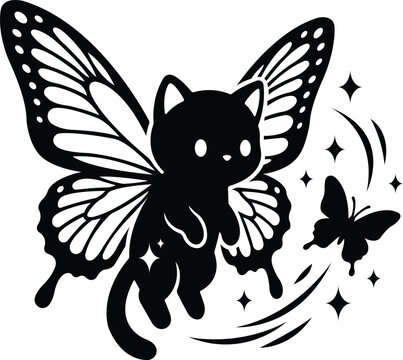 Silhouette of a cute black kitten with butterfly wings, sparkles and a tiny butterfly, whimsical vector illustration for fantasy logo design
