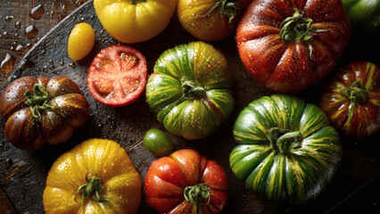 Top down view of assorted artisanal heirloom tomatoes on a rustic wooden surface