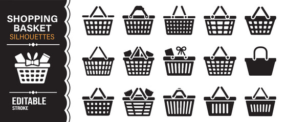 Retail grocery basket silhouettes isolated in black vector style