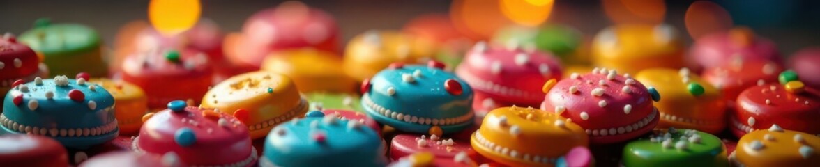 Arrangement of colorful sweets & firecrackers, selective focus on sweets, art, element