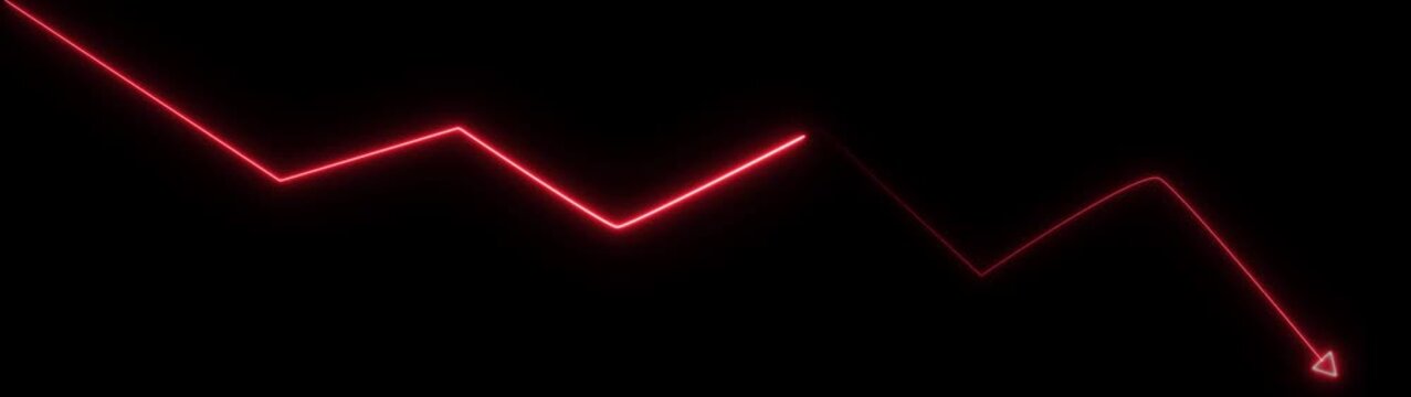 Red Neon Line Graph Arrow Downwards Against Black chart .Abstract neon line arrow down business graph.
