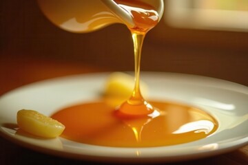 Golden syrup, slow drip, glossy texture, rich amber hue, sheen, caramel