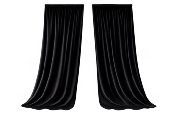 Black velvet curtains hanging with elegant folds and drapes, perfect for a luxurious backdrop or stage setting, on a transparent background