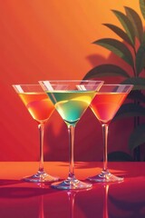 Three minimalist cocktail glasses, flat design Invitation template , festive, glasses, icon set