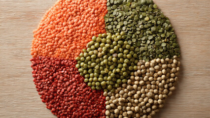 Assorted lentils and pulses arranged in a colorful palette viewed directly from above on a wooden Page