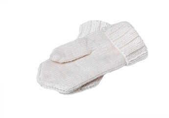 White  knitted wool mittens, isolated