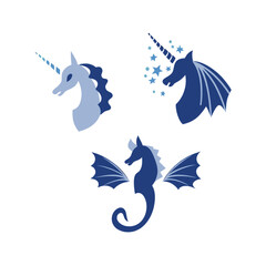 Fototapeta premium Three whimsical unicorn illustrations in blue and dark blue tones 