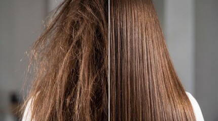 Split screen comparison of frizzy damaged hair and smooth shiny straight hair after treatment