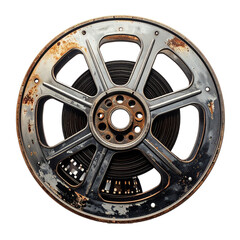 Obraz premium Heavily Rusted Film Reel with Exposed Film Strip, Isolated on a transparent background for Cinematic and Retro Design. Transparent Isolated Element PNG