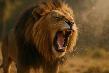Naklejka premium Male lion with a powerful roar, displaying open mouth, sharp teeth, and spraying water droplets in golden light
