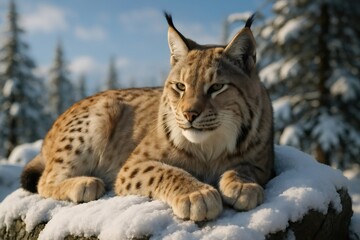 Obraz premium Lynx with distinctive ear tufts and spotted fur resting on a snow covered rock in a boreal forest on a sunny winter day