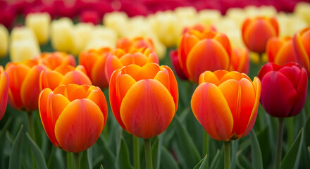 Close-up of orange and red tulips, vibrant and bright, showcasing springtime beauty and natural elegance, ideal for floral designs or seasonal greetings