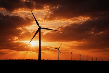 Renewable Energy Wind Farm at Golden Sunset With Dramatic Cloudy Sky