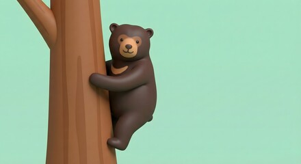Naklejka premium Cute cartoon bear climbing a tree against a pastel green background.