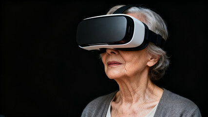 Portrait of a senior woman wearing a VR headset against a black background