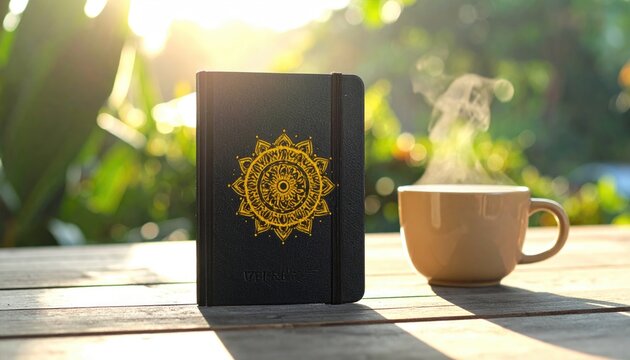 A black notebook with a gold mandala stands by steaming mug on wooden table under sunlight with green foliage backdrop