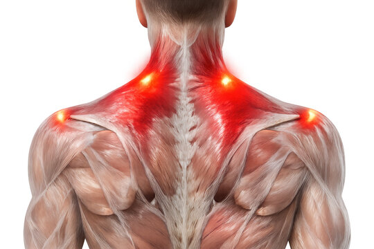 Human anatomy showing upper back, shoulder, and neck pain with red highlights and inflammation on a transparent background