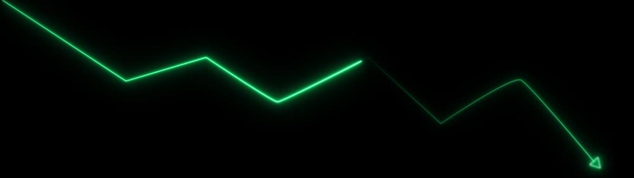 Green Neon Line Graph Arrow Downwards Against Black .Abstract neon line arrow down business graph.