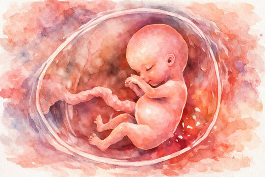Developing human fetus inside the amniotic sac, generative ai illustration