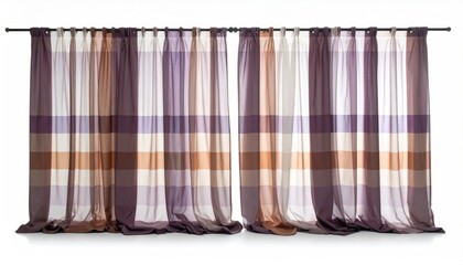Softly lit patterned curtains hang on a rod, with brown, purple, and beige stripes against a white background