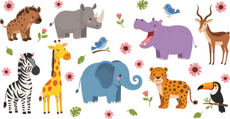 Fototapeta premium Cute African Safari Animals Cartoon Illustration Set with Elephant Giraffe Zebra Hippo Rhino and Birds