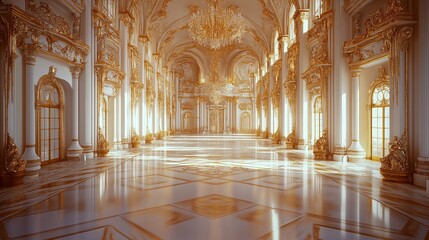 Obraz premium White palace baroque hall with golden accents and marble flooring