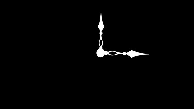 Minimalist white ornate analog clock hands on a black background showing three o'clock for vintage time management and historical video storytelling concepts.
