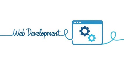 A stylized illustration of web development concepts with gears and coding elements