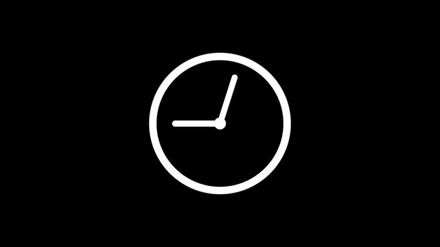 Minimalist white line art analog clock animation on black background showing nine o'clock for time management productivity and corporate night shift schedule video concepts.
