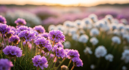 Close-up of purple flowers with dew drops, bathed in golden sunlight against a blurred background of white flowers, conveying serenity and natural beauty