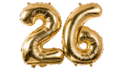 gold foil number 26 celebration decoration with shiny metallic finish isolated on white background