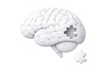 Brain losing puzzle piece, depicting memory loss, degenerative disease, dementia, and cognitive decline concept on transparent background