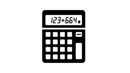 A simple black calculator with a white display screen showing a math problem on a plain white background