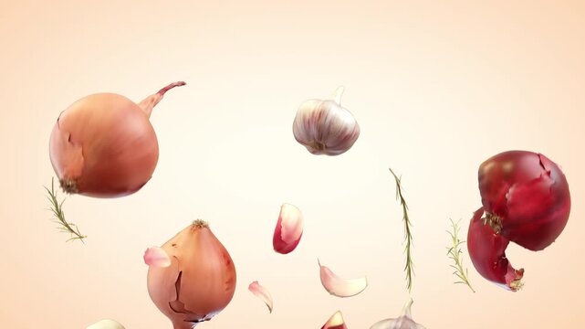 Assorted onions, garlic bulbs, cloves and rosemary sprigs float upward across light gradient background with soft shadows