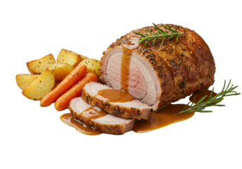 A meticulously presented, perfectly roasted pork loin with fanned slices, golden potatoes, vibrant carrots, dark gravy, and rosemary on a white plate against a transparent studio background, gourmet