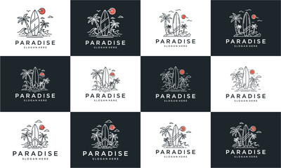 A grid of twelve monoline surf-themed logos featuring palm trees, surfboards, and sun, with 'PARADISE SUMMER SURF' text on alternating dark and light backgrounds.