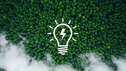 Eco-friendly lightbulb concept over lush green forest canopy with clouds