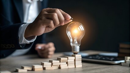 Businessman carefully places a glowing lightbulb atop a growing stack of wooden blocks symbolizing innovation and success