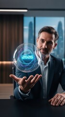 Businessman Holding a Futuristic Bubble with "2026" Glowing Inside